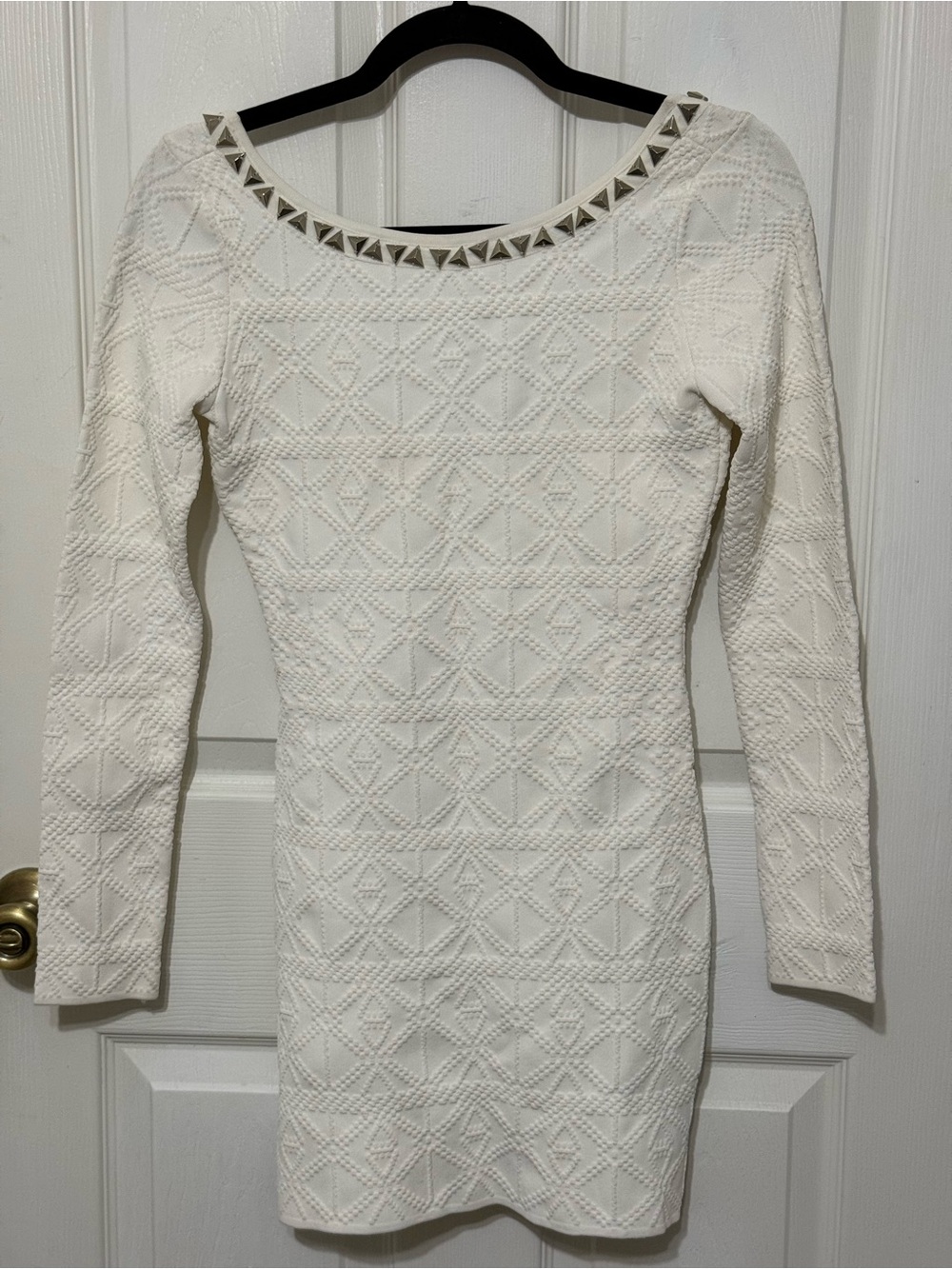 Guess White Textured Long-Sleeve Bodycon Dress with Studded Neckline